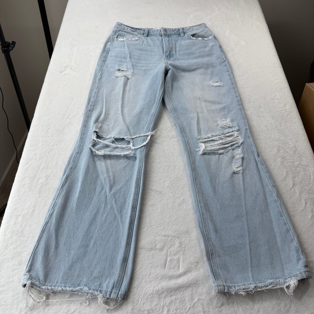 Vervet Blue Distressed Wide Leg Jeans Womens 30 Light Wash Good Raw Hem T5345